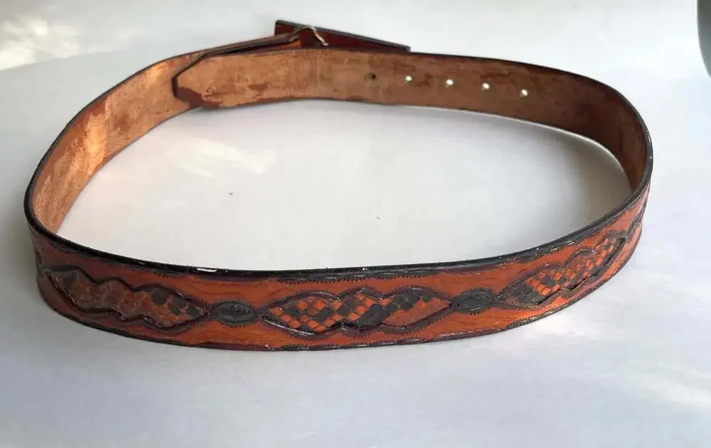 Vintage Western Tooled Leather Belt with Snakeskin Inlay 39 inch
